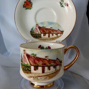 SCOTLAND'S BURNS COTTAGE Tea Cup & Saucer,  Scottish Thistle, England, 1950s
